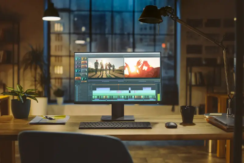 Shot of a Desktop Computer Standing on a Desk with Professional Video Montage Editing Software.