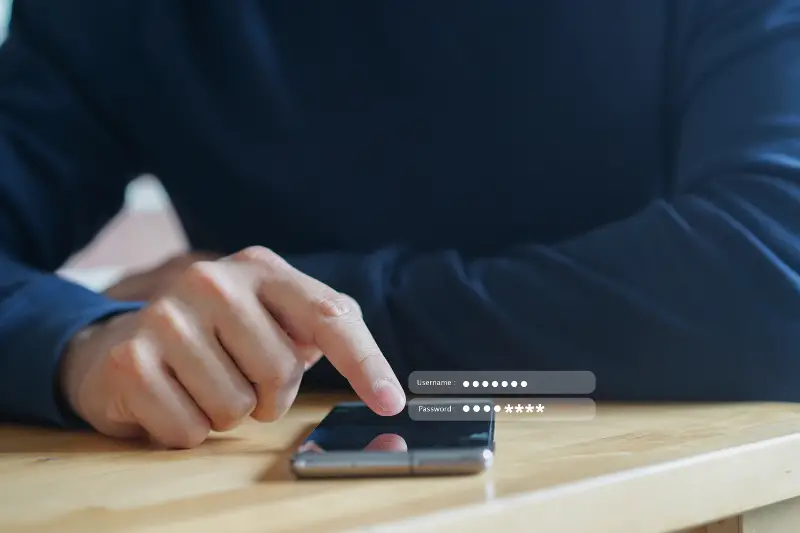close up man hand type on mobile phone to access account on website by input username and password at office for security system of business technology concept