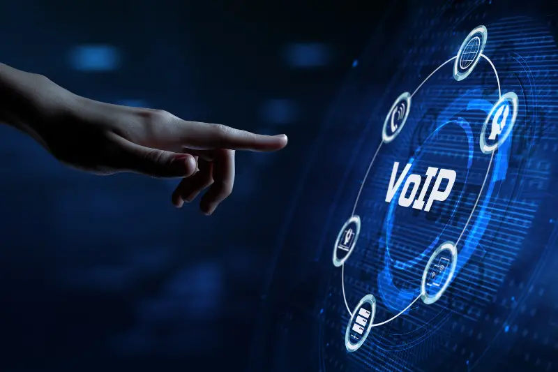VoIP Voice over IP Telecommunication concept. Hand pressing button on screen.