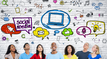 People Looking up at Social Media Icons