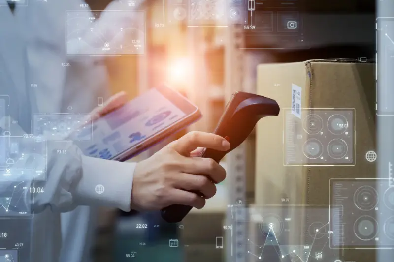 Electronic inventory management concept. logistics tech. RFID. Barcode reader.