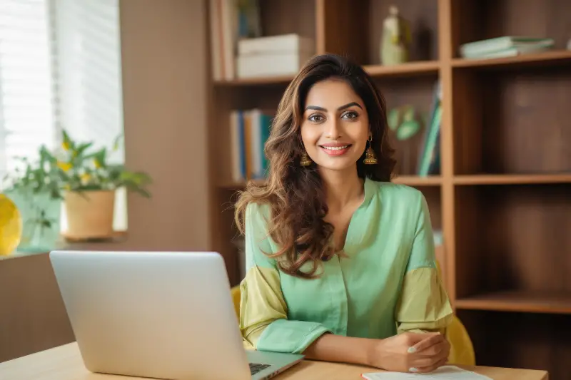 Young indian woman working on a laptop.
