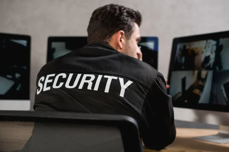Rear view of guard in black uniform looking at computer monitor