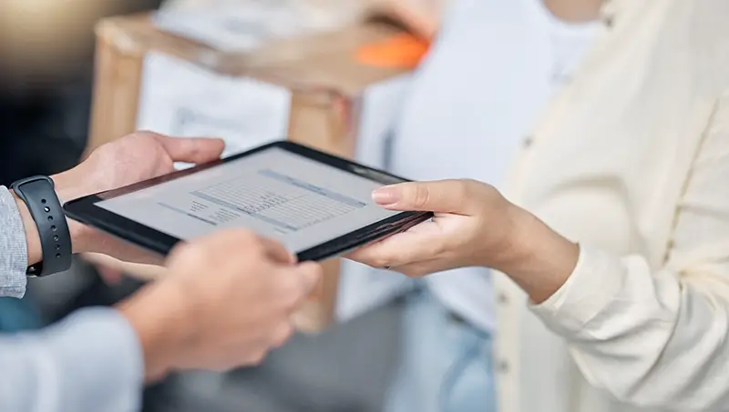 Delivery, invoice on tablet and hands with package, small business with owner, supplier and shippin by