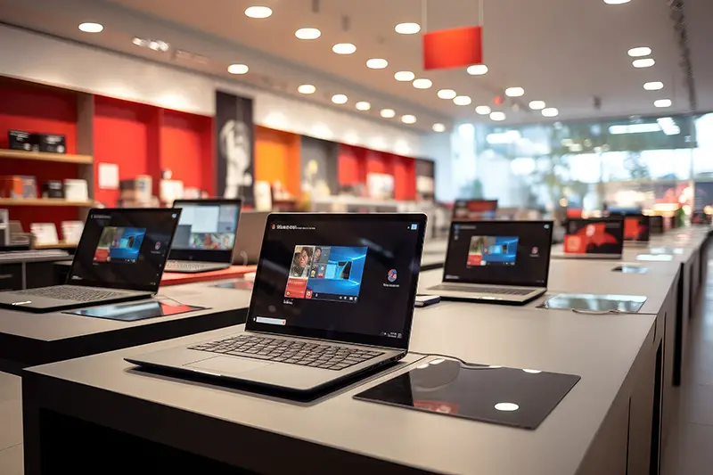 Laptops for sale on the counter in a computer store