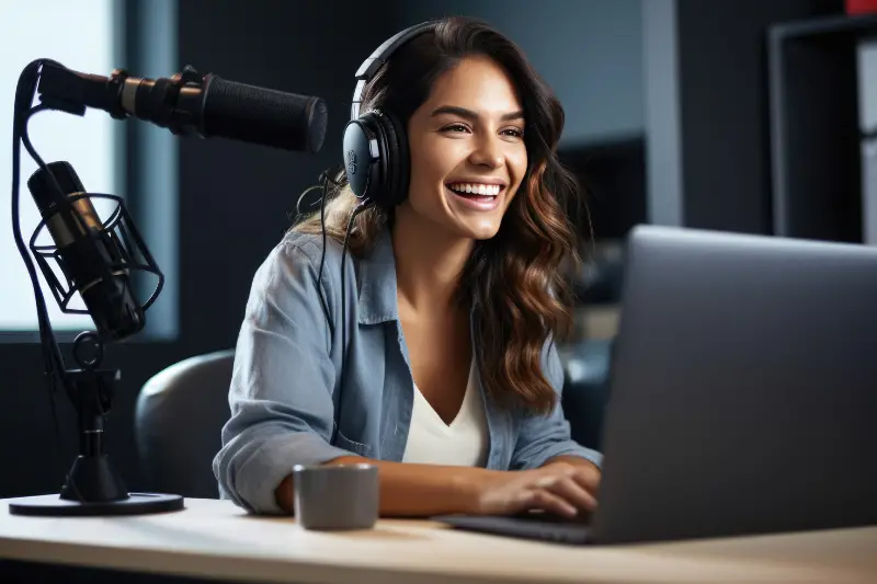 Young woman records a podcast in her home office.