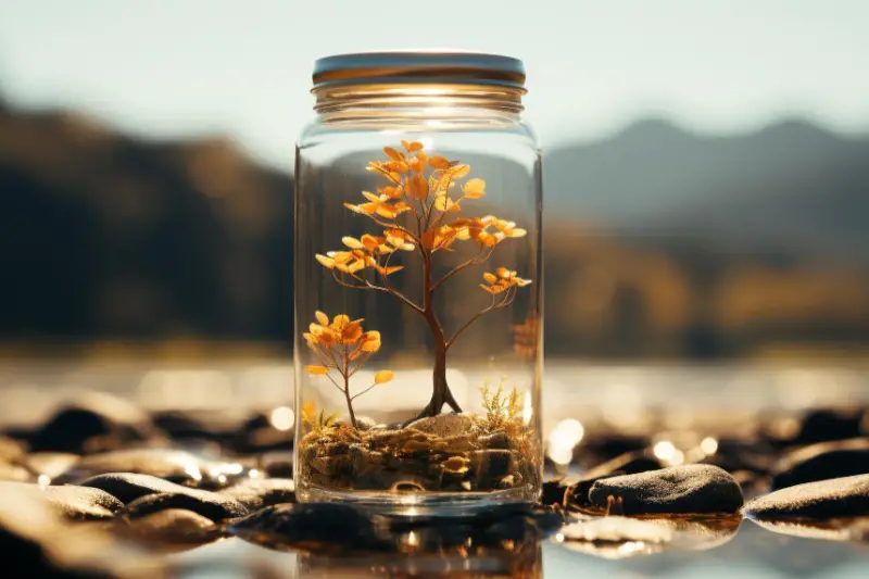 A refreshing glass of water on a wooden table outdoors