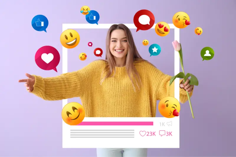 Young woman with flower on color background. Concept of social networking