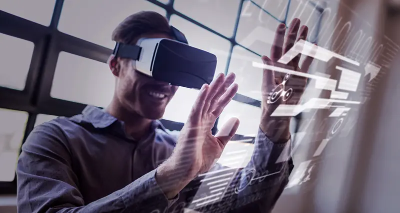 interface against businessman using virtual reality device