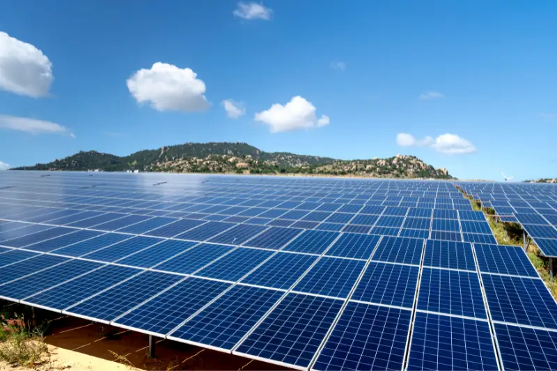 Solar panels on green grass field
