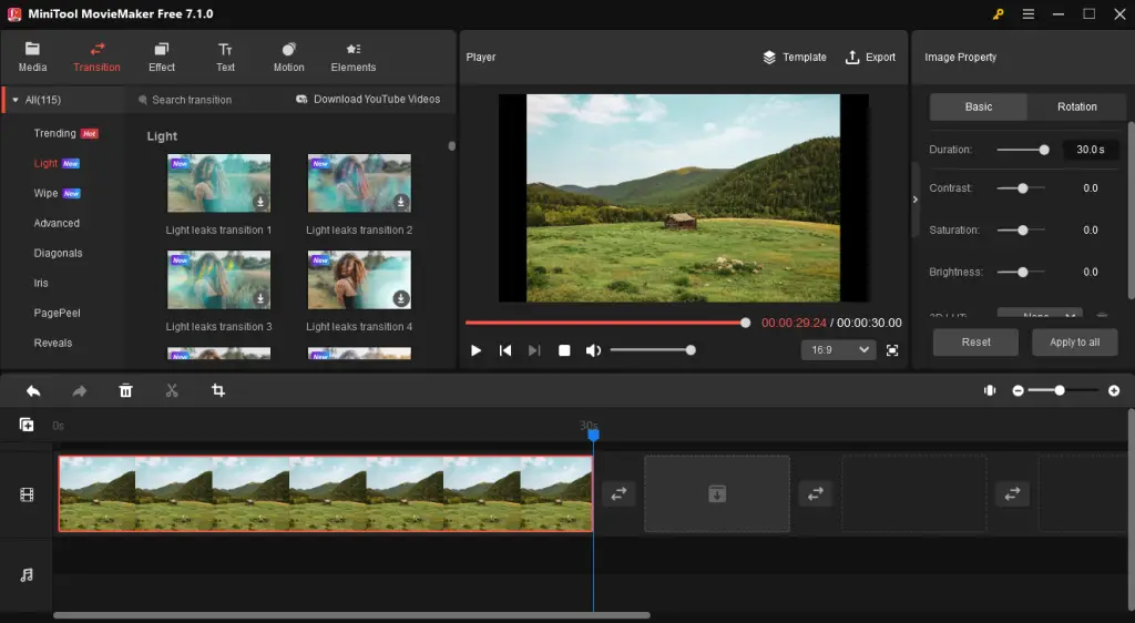 MiniTool Moviemaker transition feature screenshots