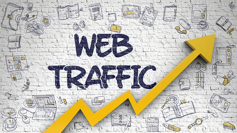 Web Traffic Drawn on White Wall. Illustration with Doodle Icons.