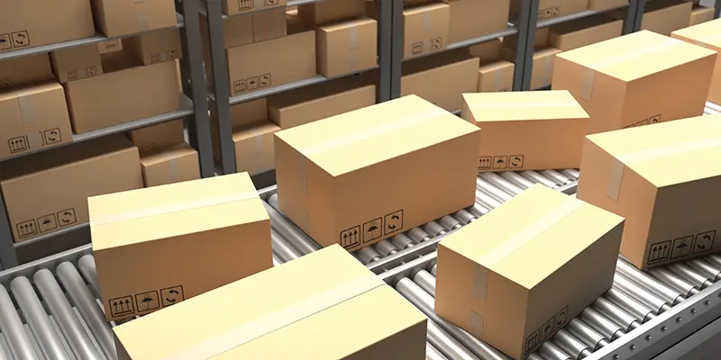 Conveyor belt with cardboard boxes. Packaging and handling roller system. Warehouse shelves background. 3d illustration