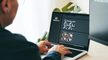 AI image generator app. Person creating photo art with Artificial Intelligence software in computer