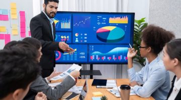 Businessman presenting data analysis dashboard display on tv screen