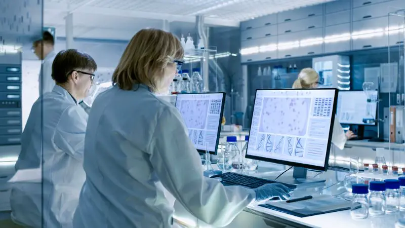 Female and Male Scientists Working on their Computers in modern laboratory