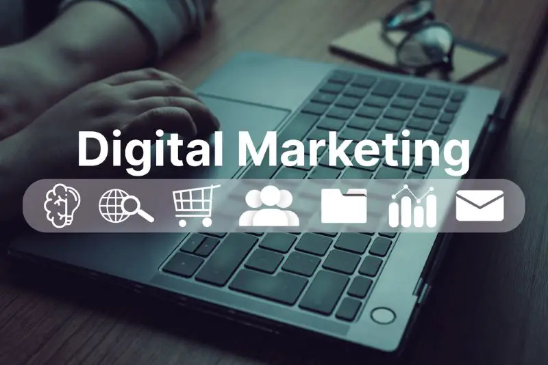 Woman use laptop with Digital Marketing VR interface