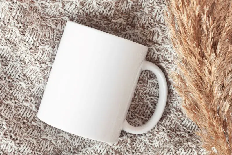 Mockup of white mug on knitted plaid with dried flowers