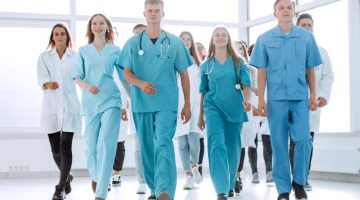 Large group of diverse young medical professionals