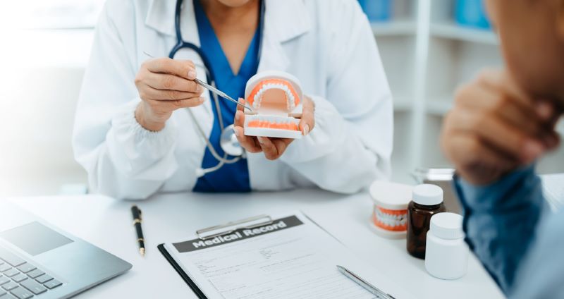 Dentist sitting at table with jaw samples tooth model in dental office