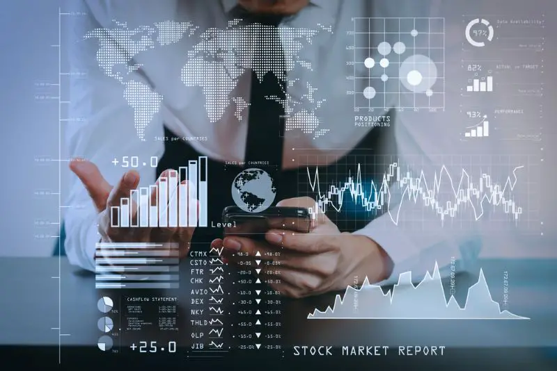 Investor analyzing stock market report and financial dashboard with business intelligence