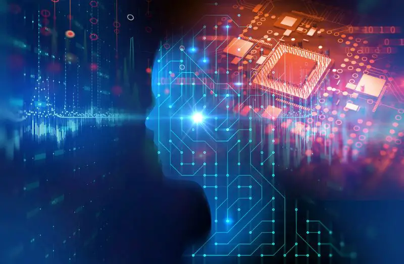 Silhouette of virtual human on circuit pattern 3d illustration