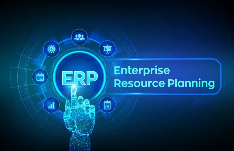 Robotic hand touching digital interface with the wording – ERP – enterprise Resource Planning on the screen. Vector illustration.
