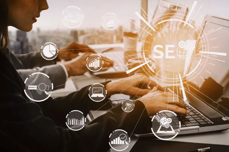 SEO - Search Engine Optimization for Online Marketing Concept. Modern interface showing symbol of keyword research website promotion by optimize customer searching and analysis