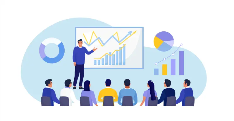 Illustrations of person giving a presentation to a group