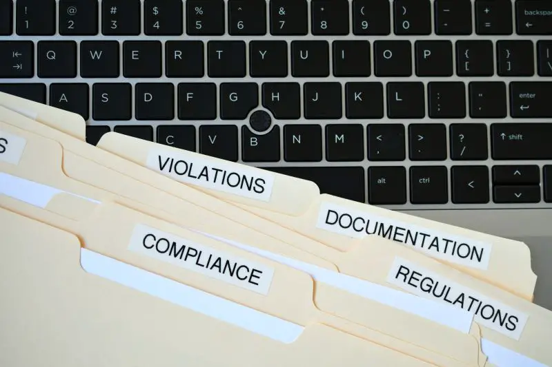 File Folders with words Compliance, Violations, Documentation Regulations on black computer keyboard