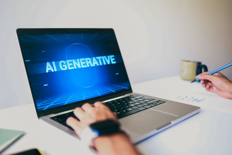 AI app. Hands chat with Artificial Intelligence software in computer at home office - Generative AI