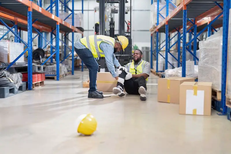 African American working in a warehouse involved in an accident from carrying boxes. A forklift truck is working nearby.