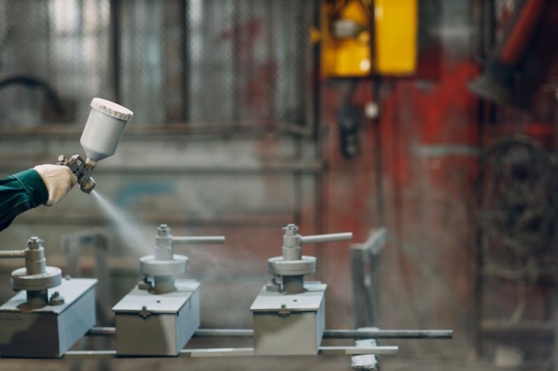 Powder primer coating of metal parts. Worker man in a protective suit sprays powder paint