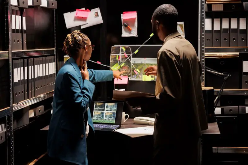 Investigation partners analyzing clues scheme on detective board