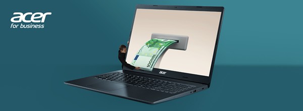Acer laptop with a graphic showing money being dispensed from the screen