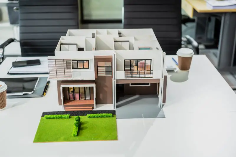 A modern engineer's desk featuring a detailed house model, blueprints, and renovation plans.