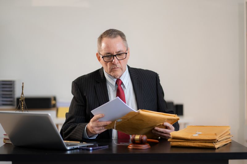 Serious pensive lawyer working at desk in office.