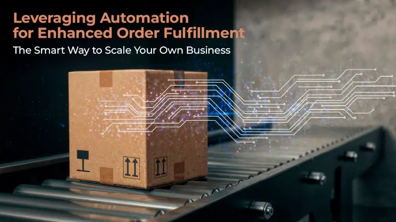 A cardboard box moves along a conveyor belt, overlaid with digital circuit lines symbolizing automation.