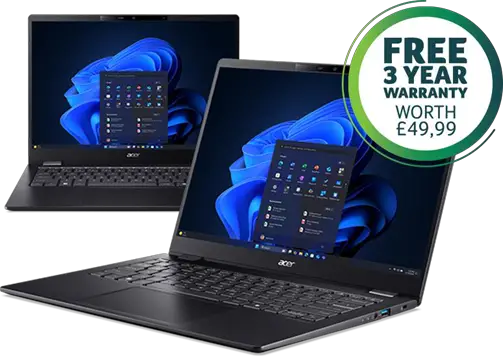 Two Acer laptops displaying Windows 11 with a free 3-year warranty badge.