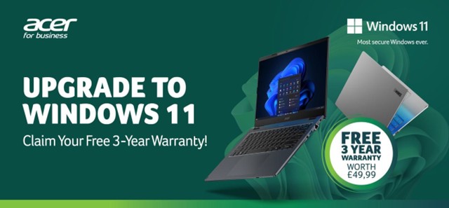 Acer advertisement promoting Windows 11 upgrade with a free 3-year warranty.