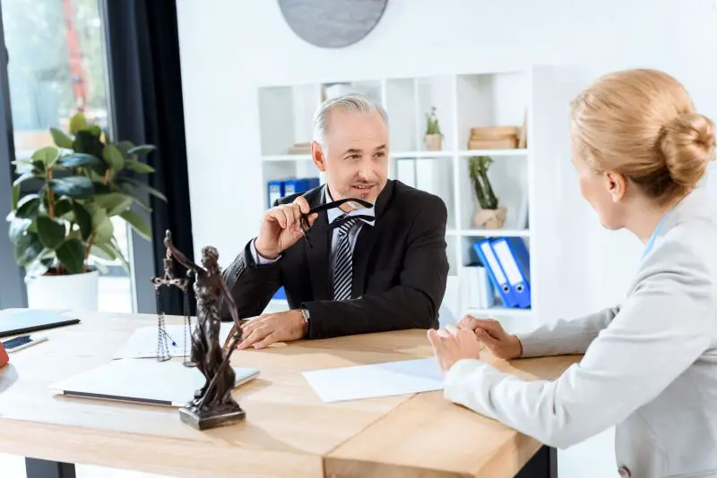 mature lawyers discussing documents in office