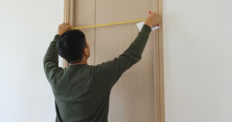 Man measuring a door size with a tape measure and holding a pen and paper.