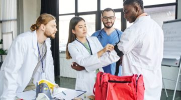 young asian woman applying compressive tourniquet on arm of african american man near first aid kit