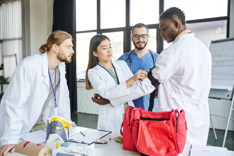 young asian woman applying compressive tourniquet on arm of african american man near first aid kit