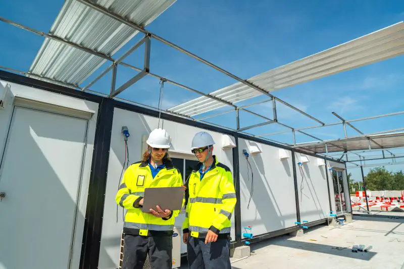 An engineer in visibility jacket and helmet working on construction site.