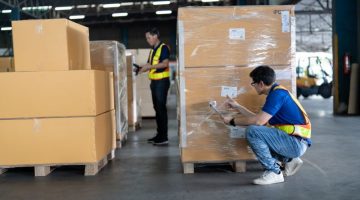 Manager and staff working in warehouse with barcode scanner and looking at a check list for boxes ready for export