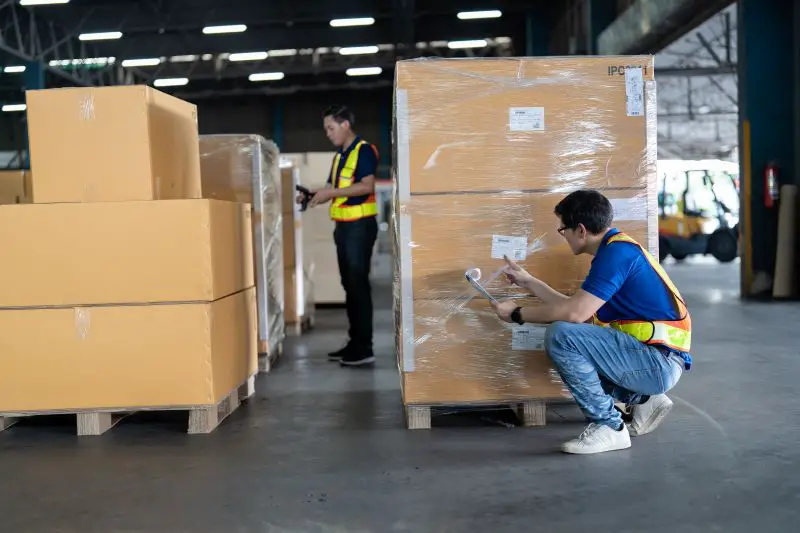Manager and staff working in warehouse with barcode scanner and looking at a check list for boxes ready for export