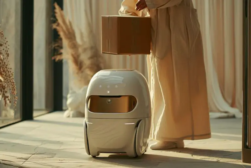 Adult person interacting with futuristic delivery robot