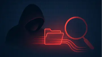 Illustration of a hooded cybercriminal next to a glowing red folder and magnifying glass, symbolizing data theft and exfiltration in a digital network.