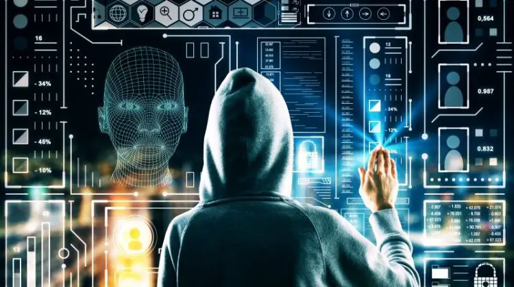 Hacker Using Abstract Glowing Head Outline Interface On Dark Blurry Night City Background